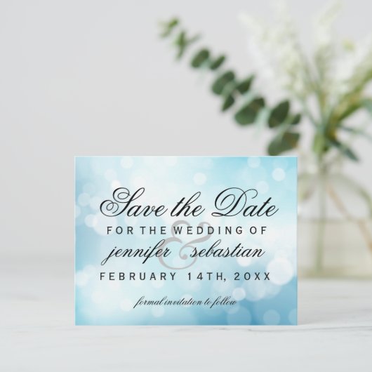 Glamoureuze blauwe bokeh lichte bruiloft briefkaart (Staand voorkant)