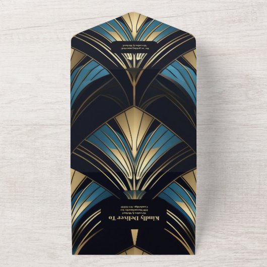 Glamoureuze Blauwe en Gouden Art Deco Bruiloft All In One Uitnodiging (Buitenkant)