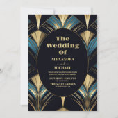 Glamoureuze Blauwe en Gouden Art Deco Bruiloft Kaart (Voorkant)