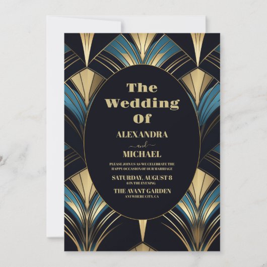 Glamoureuze Blauwe en Gouden Art Deco Bruiloft Kaart (Voorkant)