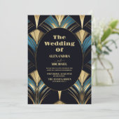 Glamoureuze Blauwe en Gouden Art Deco Bruiloft Kaart (Staand voorkant)