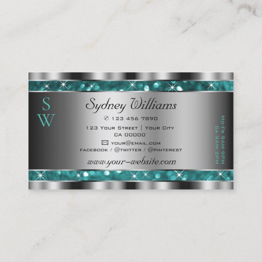 Glamoureuze Blauwgroen Glitter Stars Monogram Silv Visitekaartje (Achterkant)