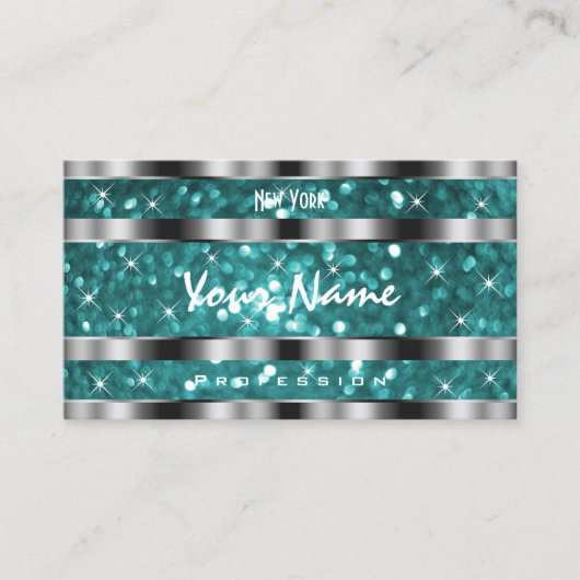 Glamoureuze Blauwgroen Glitter Stars Silver Decor  Visitekaartje (Voorkant)