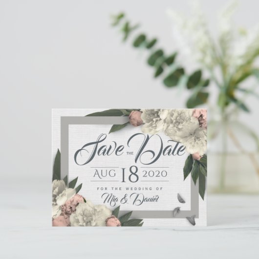 Glamoureuze Bloemenpioenen Ontwerp Save the Date Briefkaart (Staand voorkant)