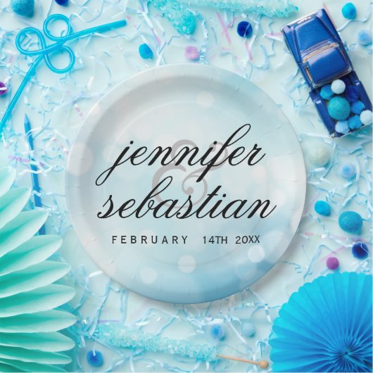 Glamoureuze Blue Bokeh Light monogram bruiloft Papieren Bordje (Feest)
