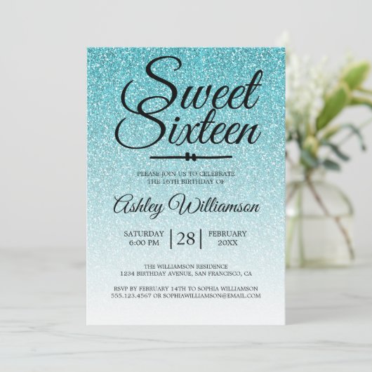 Glamoureuze Blue Glitter Ombre Sweet 16 Verjaardag Kaart (Staand voorkant)