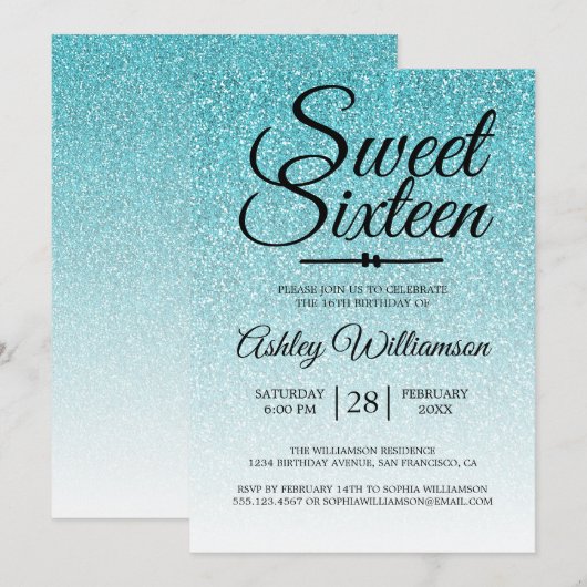 Glamoureuze Blue Glitter Ombre Sweet 16 Verjaardag Kaart (Voorkant / Achterkant)