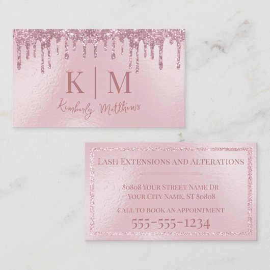 Glamoureuze Blush Roze Glitter Monogram Initialen Visitekaartje (Voorkant / Achterkant)