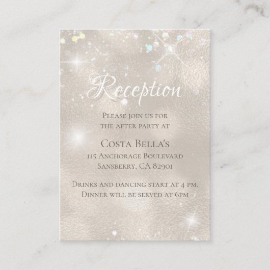 Glamoureuze champagne glitter bruiloft receptie informatiekaartje (Voorkant)