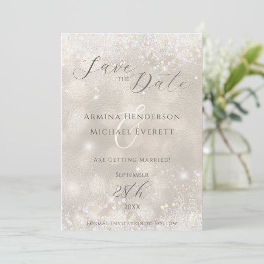 Glamoureuze Champagne Glitter Fotobruiloft Save The Date (Staand voorkant)