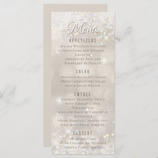 Glamoureuze Champagne Glitter Luxe Bruiloft Menu (Voorkant / Achterkant)