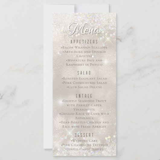 Glamoureuze Champagne Glitter Luxe Bruiloft Menu (Voorkant)