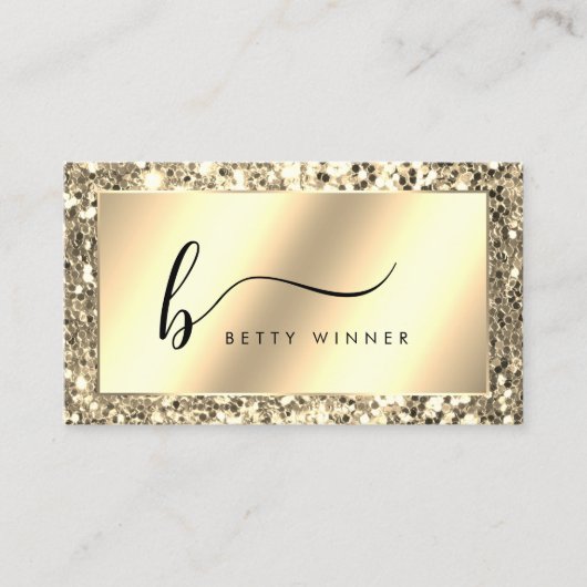 Glamoureuze Champagne Gold Glitter Script Monogram Visitekaartje (Voorkant)