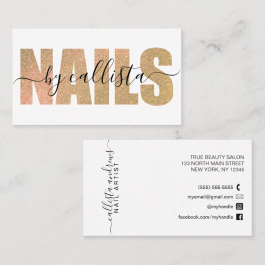Glamoureuze Chic Gold Glitter Typography Nail Arti Visitekaartje (Voorkant / Achterkant)