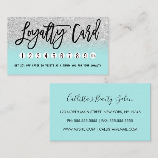 Glamoureuze Chic Mint Zilver Glitter Modern Klantenkaartje (Voorkant / Achterkant)