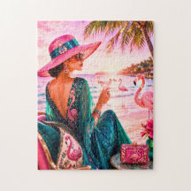 Glamoureuze dame op flamingothema tropisch strand