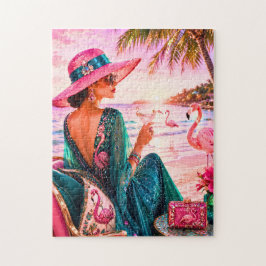 Glamoureuze dame op flamingothema tropisch strand legpuzzel