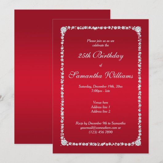 Glamoureuze Diamond Lijst & Ruby Red Verjaardag Kaart (Voorkant / Achterkant)