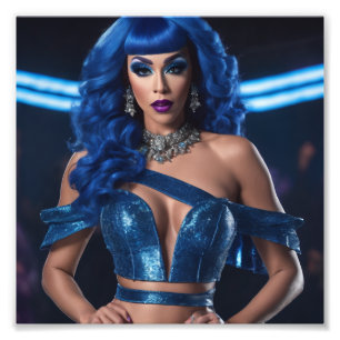 Glamoureuze drag queen in blauwe ranzige outfit foto afdruk