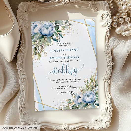 Glamoureuze Dusty Blue Gold Floral Wedding Uitnodi Kaart