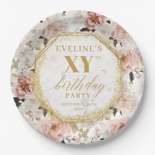 Glamoureuze Dusty Pink Floral Verjaardagspapier Bo Papieren Bordje (Voorkant)