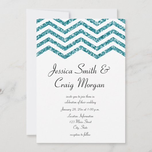 Glamoureuze Faux Blauwgroen Glitter Chevron Weddin Kaart (Voorkant)