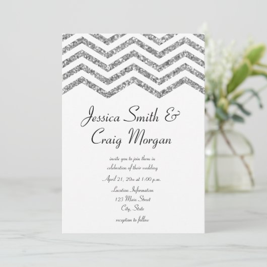 Glamoureuze Faux Silver Glitter Chevron Wedding Kaart (Staand voorkant)