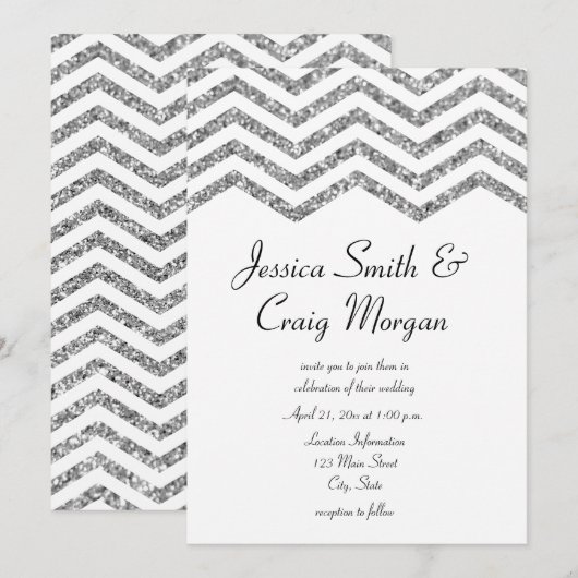 Glamoureuze Faux Silver Glitter Chevron Wedding Kaart (Voorkant / Achterkant)