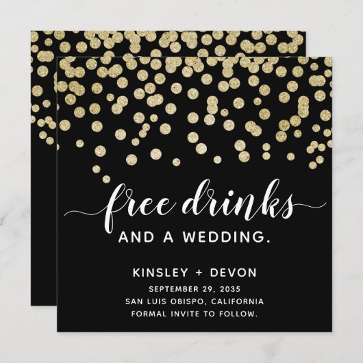 Glamoureuze Funny Gold & Black Glitter Confetti Save The Date (Voorkant / Achterkant)