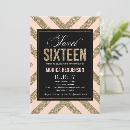 Glamoureuze Glans | Uitnodiging Sweet Sixteen Fees (Staand voorkant)