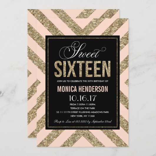 Glamoureuze Glans | Uitnodiging Sweet Sixteen Fees (Voorkant / Achterkant)