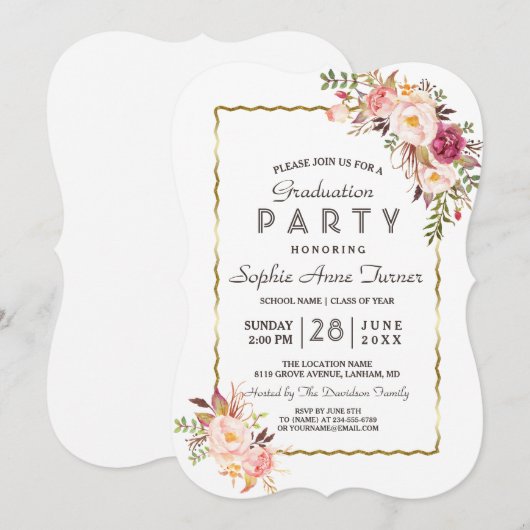 Glamoureuze Gold Blush Roze Bloemen Afstudeerfeest Kaart (Voorkant / Achterkant)