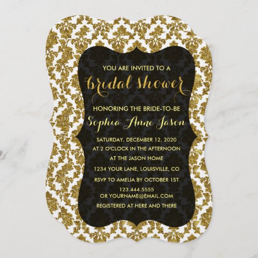 Glamoureuze Gold Damask Bruids Douche Uitnodiging (Voorkant / Achterkant)