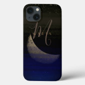 Glamoureuze Golden Moon Blue Abstract Monogram Case-Mate iPhone Case (Achterkant)
