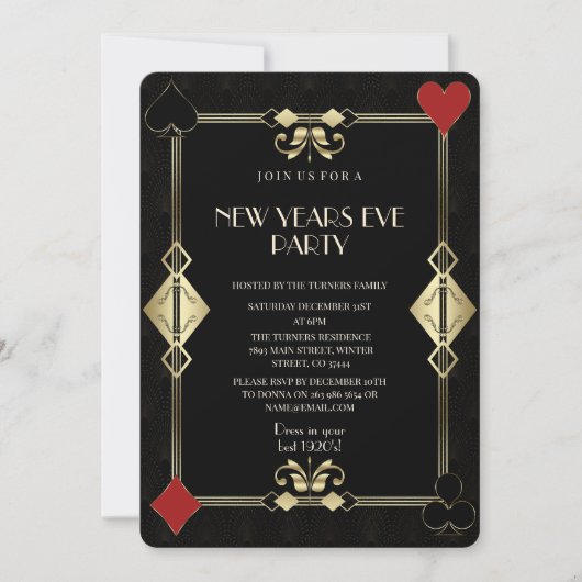 Glamoureuze Goud Art Deco Casino Nacht Nieuwjaarsf Kaart (Voorkant)