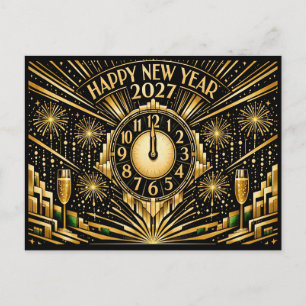 Glamoureuze Gouden Art Deco Middernacht Nieuwjaar Feestdagenkaart
