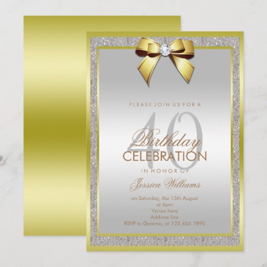 Glamoureuze Gouden Boog & Zilveren Glitter 40e Ver Kaart (Voorkant / Achterkant)