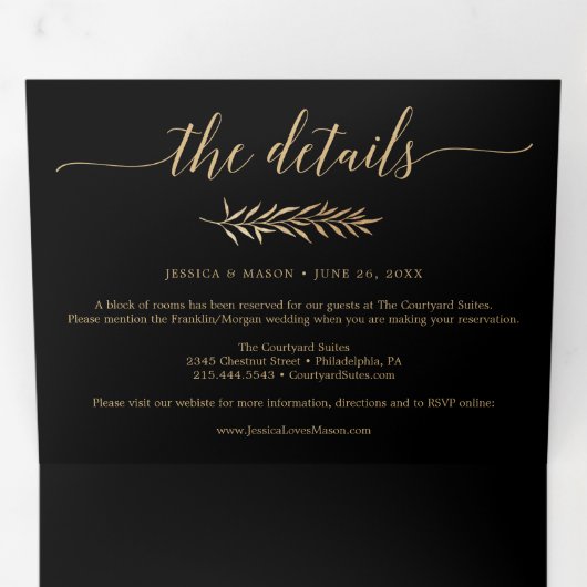 Glamoureuze gouden bruiloft uitnodigingenset drieluik uitnodiging (Binnenzijde eerst)