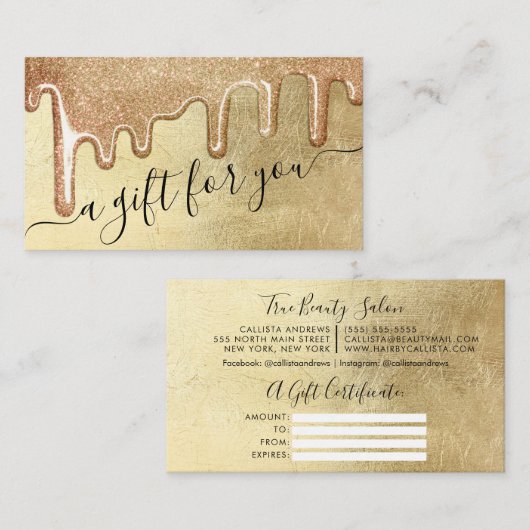 Glamoureuze Gouden Dikke Glitter Druppel Cadeaubon Visitekaartje (Voorkant / Achterkant)