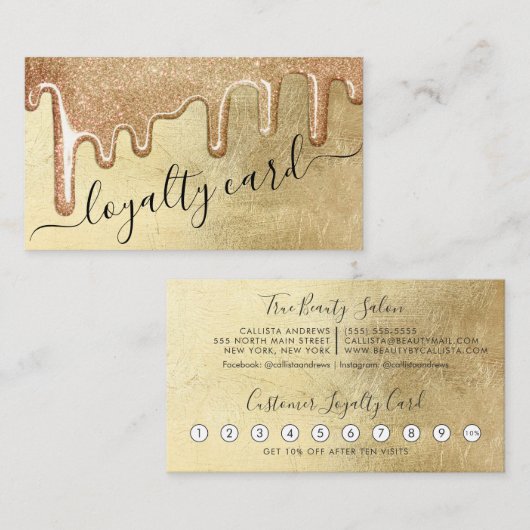 Glamoureuze Gouden Dikke Glitter Druppelt Loyalite Klantenkaartje (Voorkant / Achterkant)