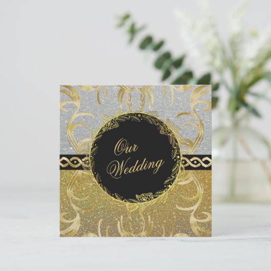 Glamoureuze gouden en zilveren bruiloft uitnodigin kaart (Staand voorkant)