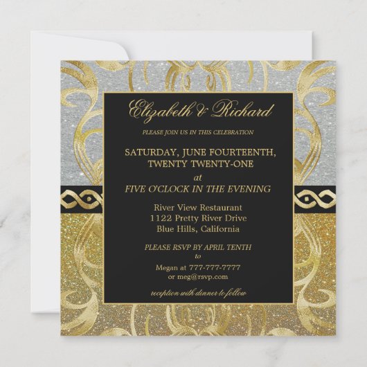 Glamoureuze gouden en zilveren bruiloft uitnodigin kaart (Achterkant)