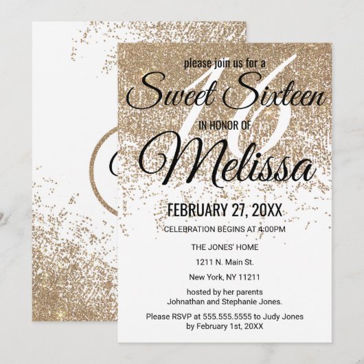 Glamoureuze Gouden Glitter Sparkles Wit Zoet 16 Kaart (Voorkant / Achterkant)