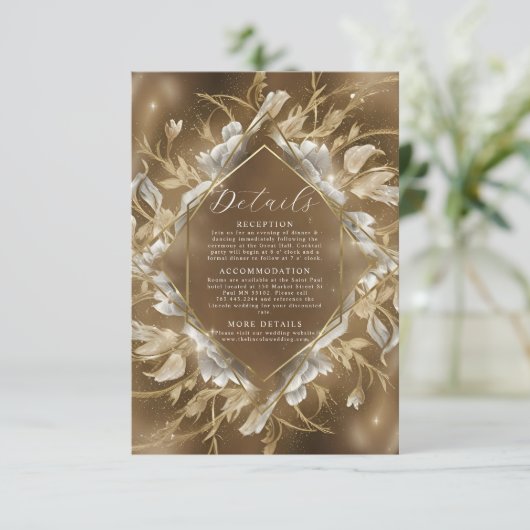 Glamoureuze gouden thema bloemenbruiloft informatiekaartje (Staand voorkant)