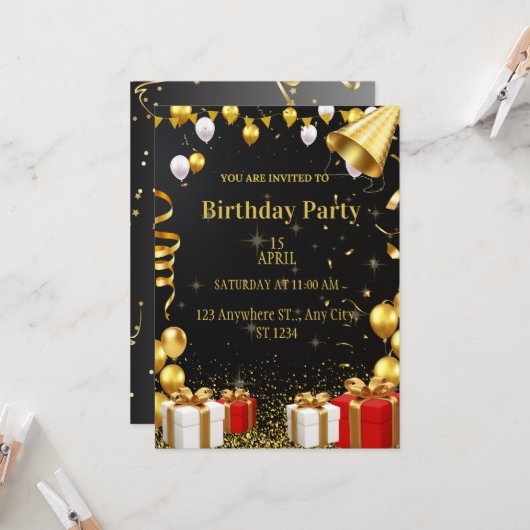 Glamoureuze gouden verjaardagsfeestje uitnodiging (Voorkant / Achterkant in situ)