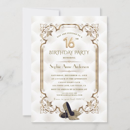 Glamoureuze Gouden Witte Art Deco Sweet 16th Birth Kaart (Voorkant)