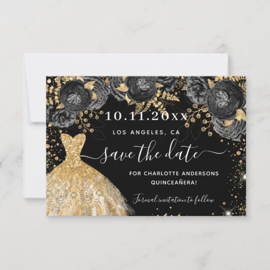 Glamoureuze goudhoudende goudhoudende goudsmeulvru save the date (Voorkant)