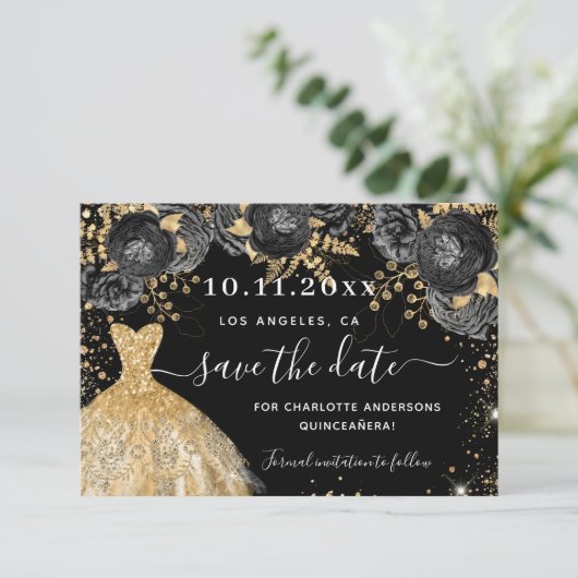 Glamoureuze goudhoudende goudhoudende goudsmeulvru save the date (Staand voorkant)