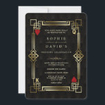 Glamoureuze Great Gatsby Casino Poker Las Vegas Hu Kaart<br><div class="desc">Weelderig Casino Royale- en Great Gatsby-thema kaartontwerp. Het bevat vintage goudkleurige art-deco-stijl, een Roaring Twenties oude Hollywood namaak gouden lijst, rode harten, Q en K in twee hoeken (die speelkaarten simuleren), op een goud-zwarte Art Deco patroon achtergrond. Speciale formuleringen worden gebruikt zoals in een pokerspel. Op de achterkant namaak goud...</div>