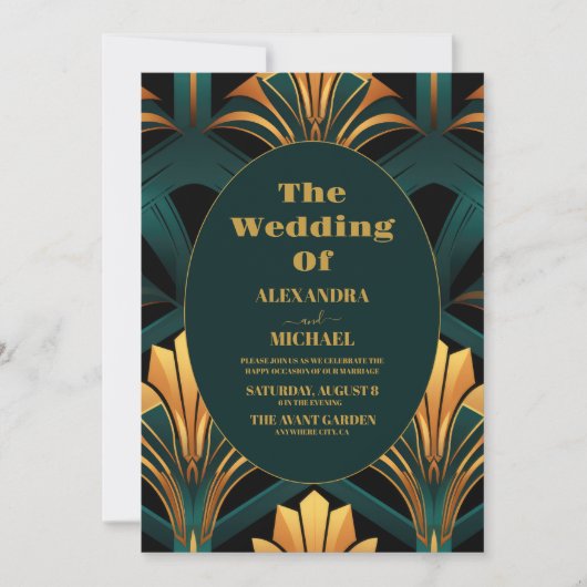 Glamoureuze Groene en Gouden Art Deco Bruiloft Kaart (Voorkant)